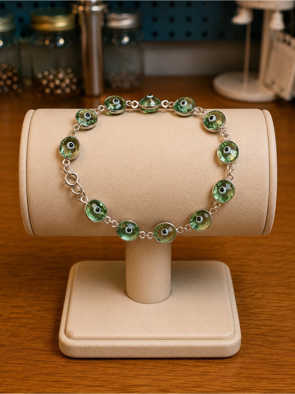Green Crystal Evil Eye Link 925 Sterling Silver Bracelet - Green